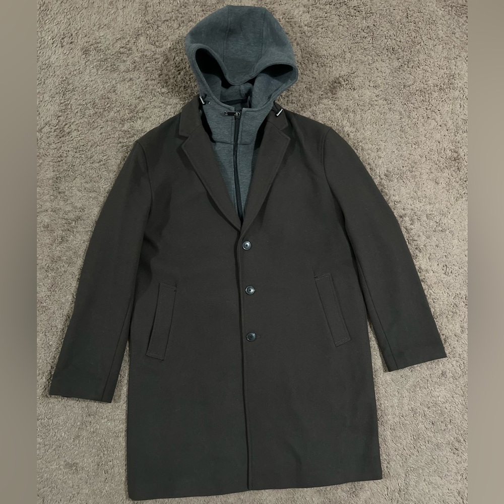 Zara Men’s Woolly Fabric Coat W/Removable Hood Olive Green SZ XXL